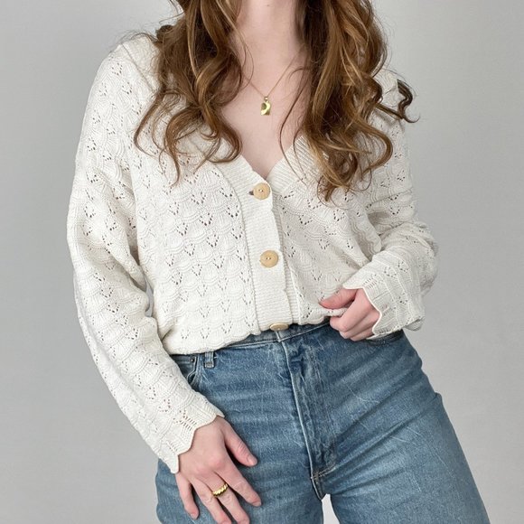 Stunning Vintage Oversized Pointelle Crochet Cable Knit Cardigan Sweater Jumper - Picture 6 of 6